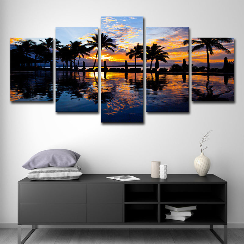 Tropix Sunset Glow Wall Decoration Print in Orange Palm and Pool Canvas for Room