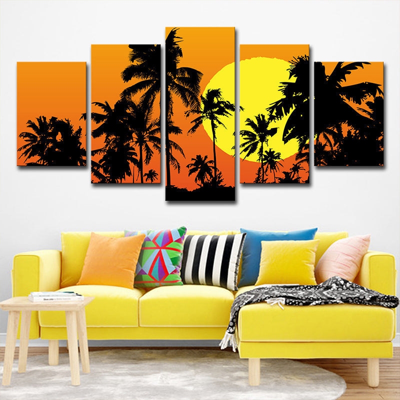 Tropical Wall Decoration Orange Large Moon Behind Coconut Trees Canvas Print for Home