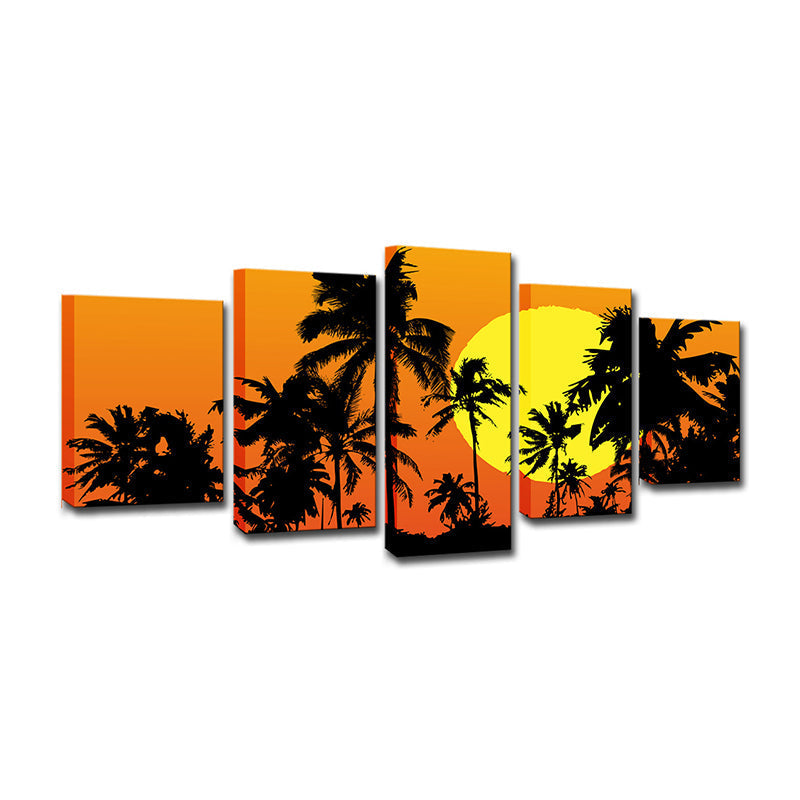 Tropical Wall Decoration Orange Large Moon Behind Coconut Trees Canvas Print for Home