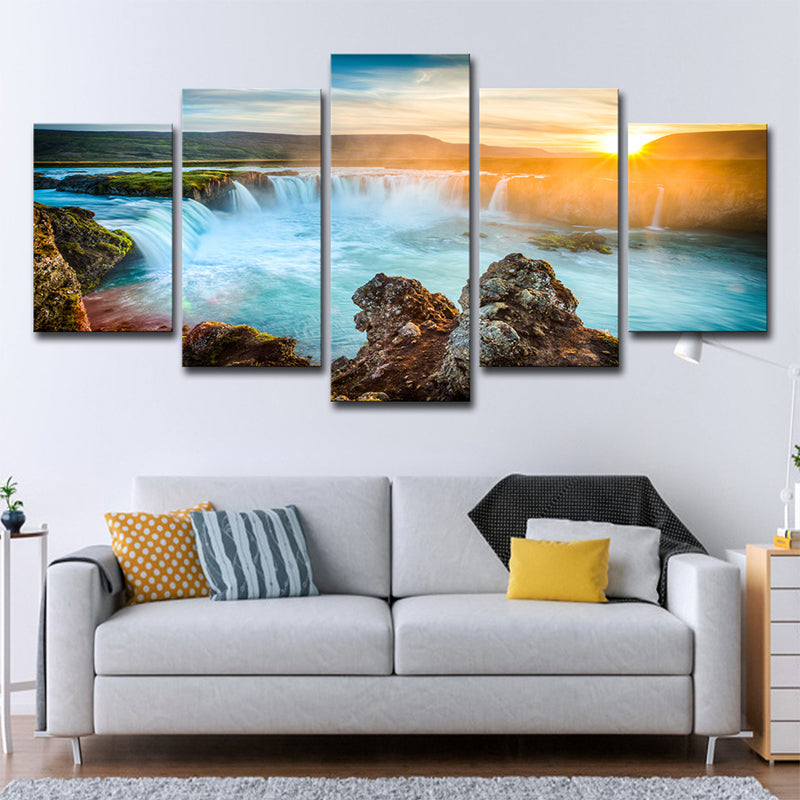 Great Island Cascades Canvas Art Home Interior Sunset Landscape Wall Decor in Blue