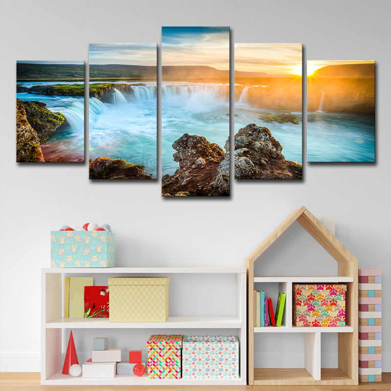 Great Island Cascades Canvas Art Home Interior Sunset Landscape Wall Decor in Blue