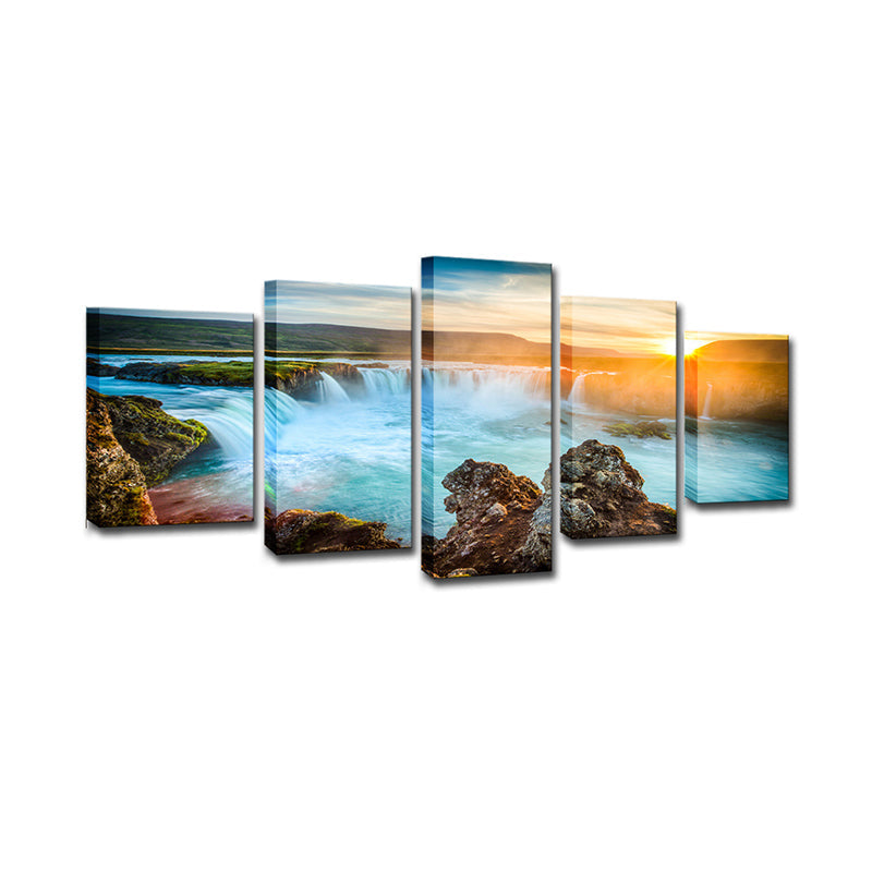 Great Island Cascades Canvas Art Home Interior Sunset Landscape Wall Decor in Blue