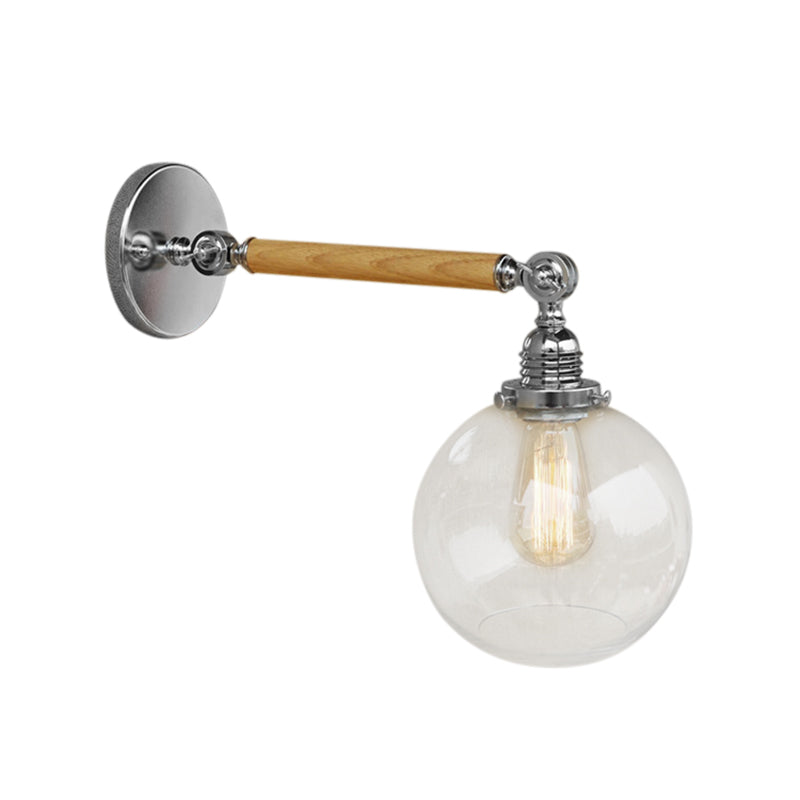 Vintage Orb Wall Light Fixture 1 Lamp Clear Glass Wall Lamp in Chrome for Bathroom, 8"/4"/6" Wide Wooden Arm