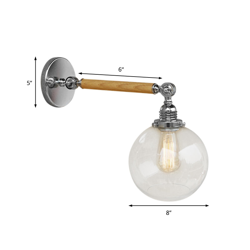Vintage Orb Wall Light Fixture 1 Lamp Clear Glass Wall Lamp in Chrome for Bathroom, 8"/4"/6" Wide Wooden Arm