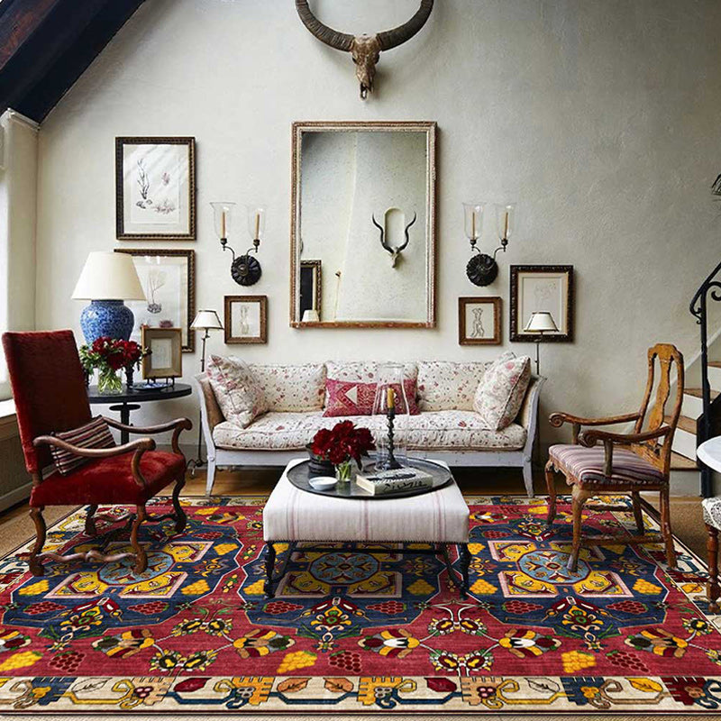 Red Vintage Carpet Polyester Tribal Pattern Carpet Washable Non-Slip Back Carpet for Living Room
