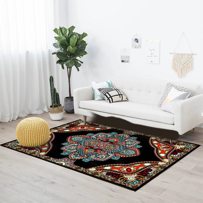 Mediterranean Moroccan carpet in red and black medallion floral pattern carpet polyester non-slip flooring for living room decoration