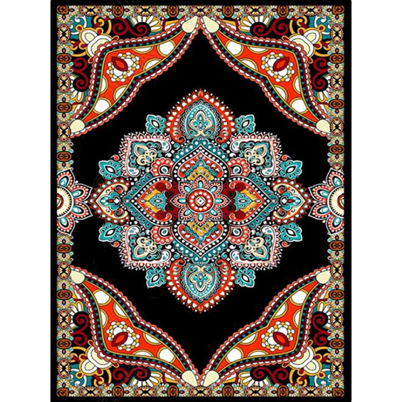 Mediterranean Moroccan carpet in red and black medallion floral pattern carpet polyester non-slip flooring for living room decoration