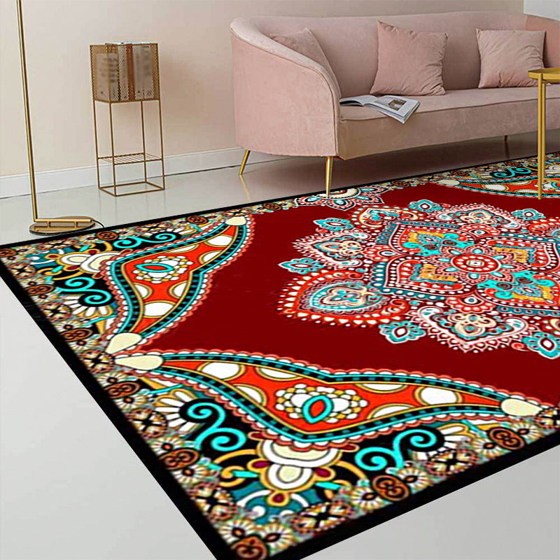 Mediterranean Moroccan carpet in red and black medallion floral pattern carpet polyester non-slip flooring for living room decoration