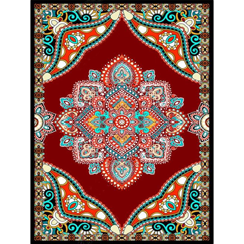 Mediterranean Moroccan carpet in red and black medallion floral pattern carpet polyester non-slip flooring for living room decoration