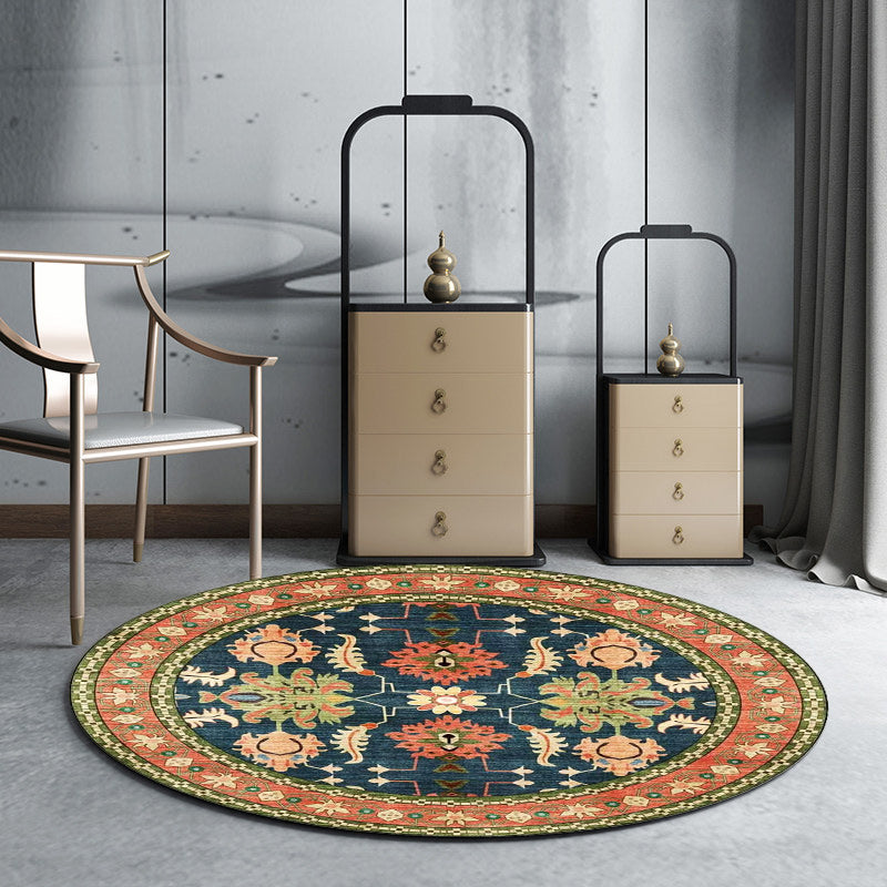Persian medallion pattern rug with floral blue and green polyester, machine washable, non-slip rug for the bedroom