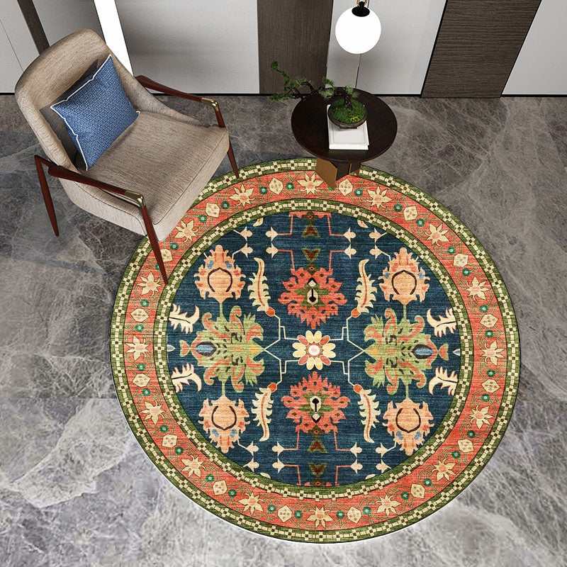 Persian medallion pattern rug with floral blue and green polyester, machine washable, non-slip rug for the bedroom