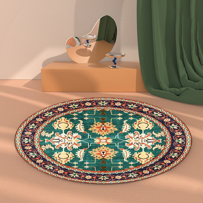 Persian medallion pattern rug with floral blue and green polyester, machine washable, non-slip rug for the bedroom