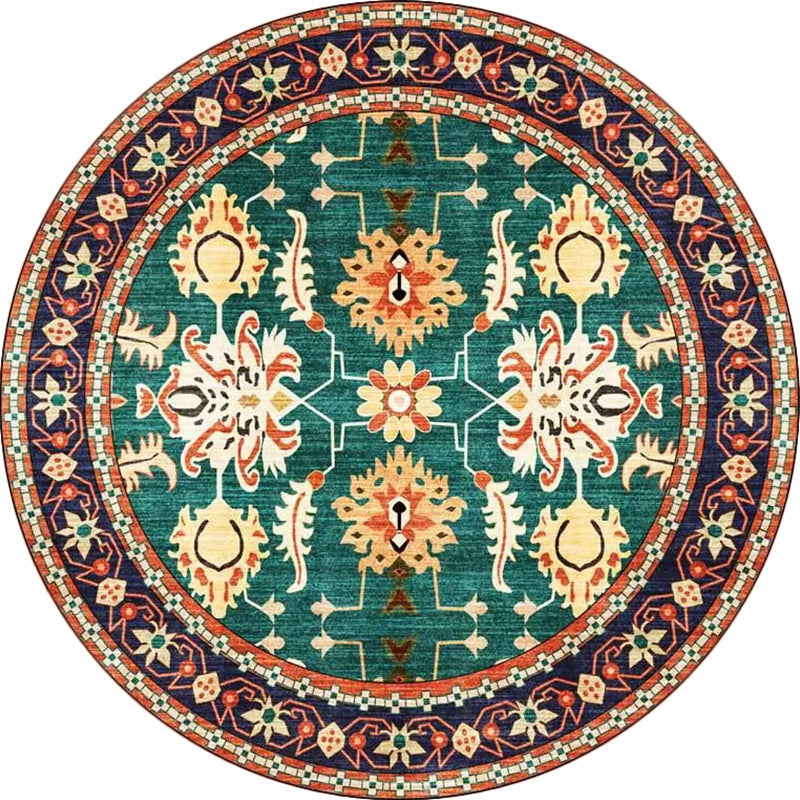 Persian medallion pattern rug with floral blue and green polyester, machine washable, non-slip rug for the bedroom