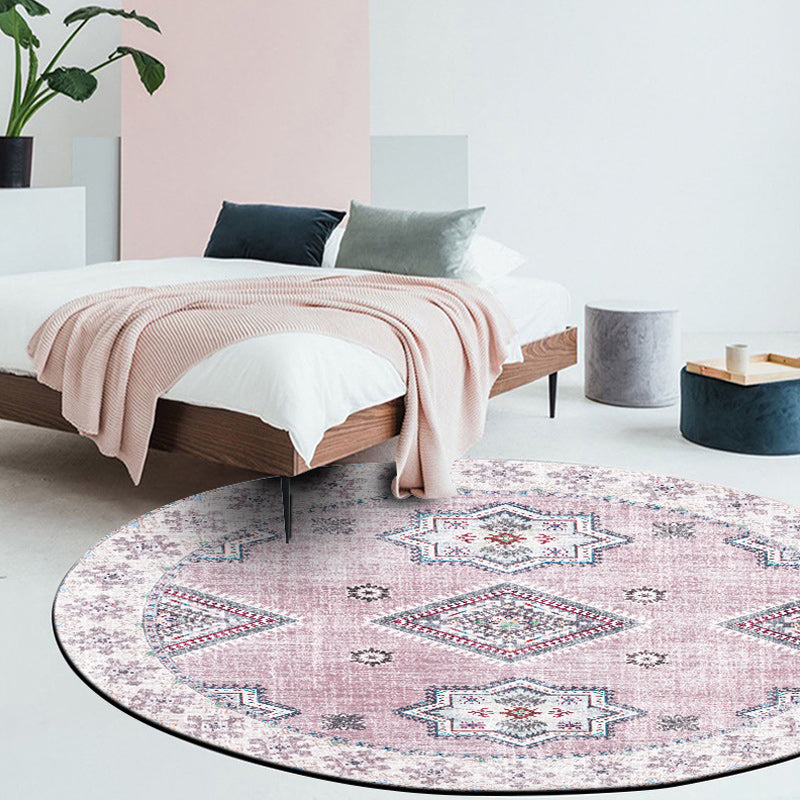 Vintage Medallion Pattern Rug Pink and Red Tribal Rug Polyester Washable Non-Slip Back Rug for Living Room