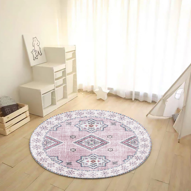 Vintage Medallion Pattern Rug Pink and Red Tribal Rug Polyester Washable Non-Slip Back Rug for Living Room