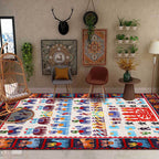 Black Multicolor Sou'wester Carpet Polyester Tribal Character and Animal Pattern Carpet Washable Non-Slip Back Carpet for Living Room