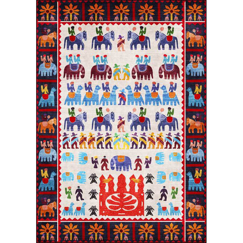 Black Multicolor Sou'wester Carpet Polyester Tribal Character and Animal Pattern Carpet Washable Non-Slip Back Carpet for Living Room