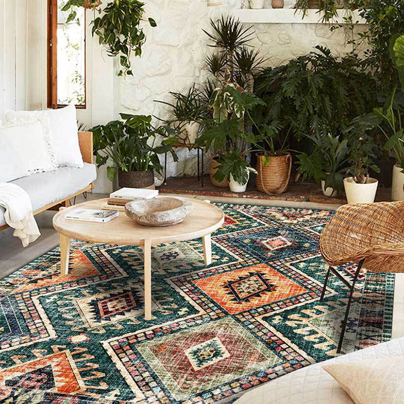 Retro Tribal Pattern Rug Green Polyester Rug Machine Washable Non-Slip Backing Living Room Rug for Living Room