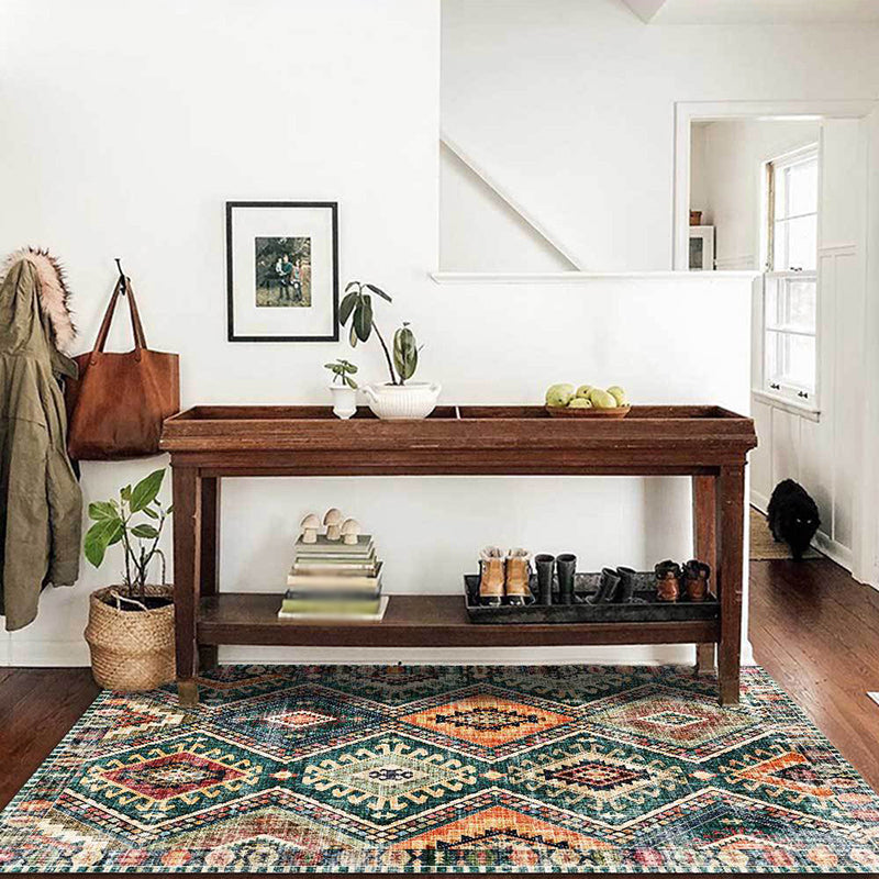 Retro Tribal Pattern Rug Green Polyester Rug Machine Washable Non-Slip Backing Living Room Rug for Living Room