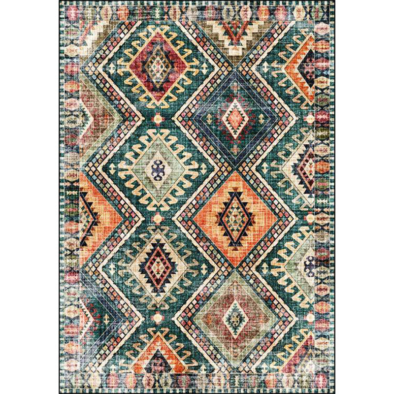 Retro Tribal Pattern Rug Green Polyester Rug Machine Washable Non-Slip Backing Living Room Rug for Living Room