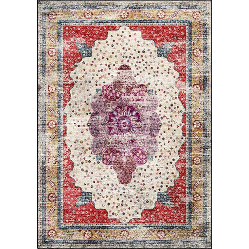 Red Bedroom Carpet Moroccan Medallion Floral Dot Pattern Carpet Polyester Pet-Friendly Carpet