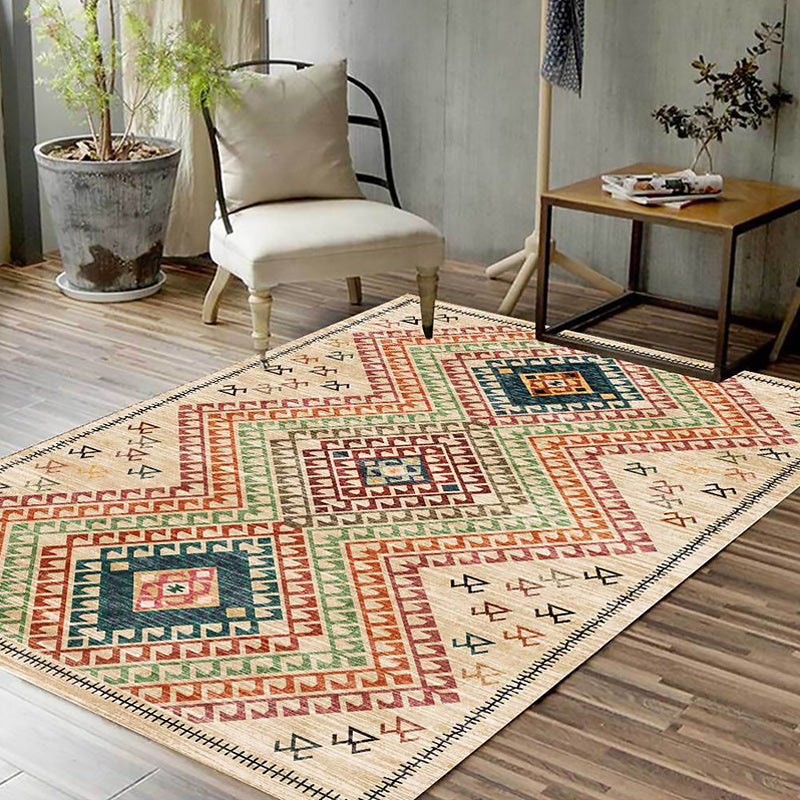 Southwest Living Room Carpet in Yellow Diamond Print Carpet Polyester Stain Resistant Non-Slip Carpet