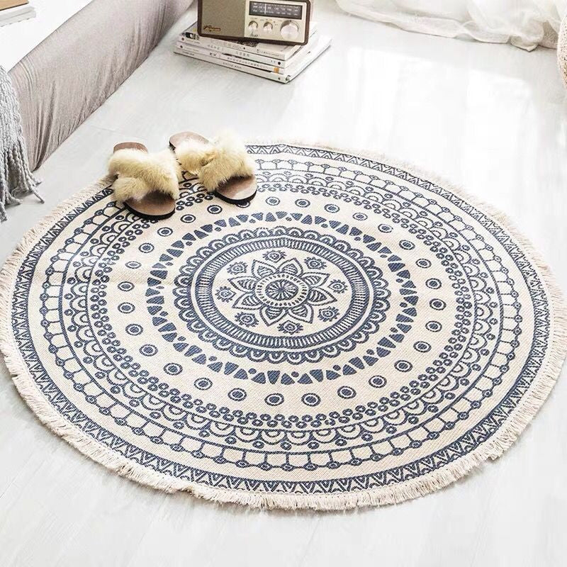 White Southwestern Carpet Linen Floral and Concentrated Circles Pattern Carpet Washable Carpet for Living Room