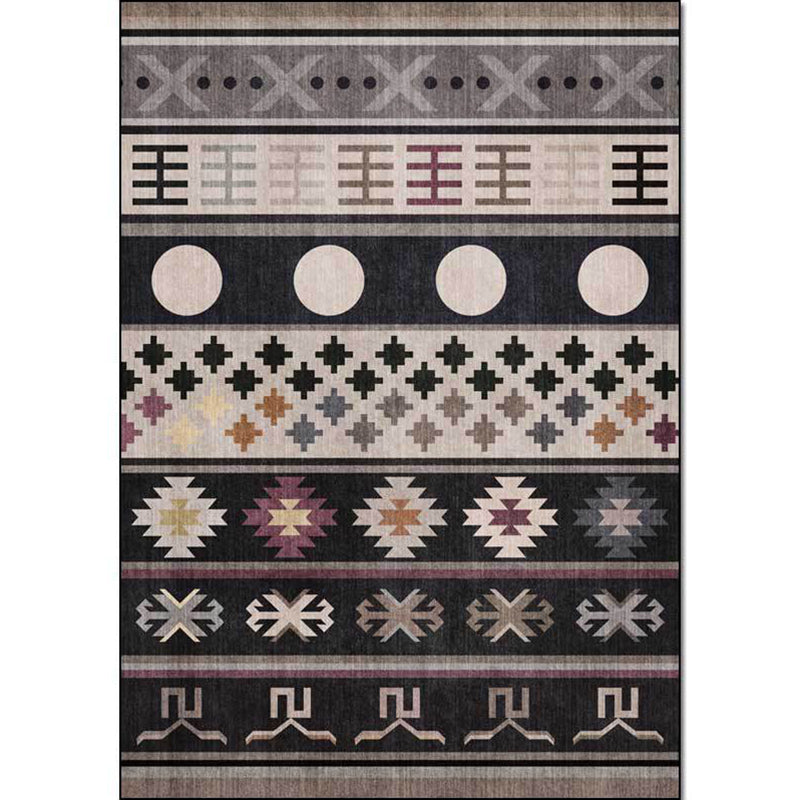 Black Southwestern Rug Polyester Tribal Pattern Rug Washable Non-Slip Backing Rug for Living Room