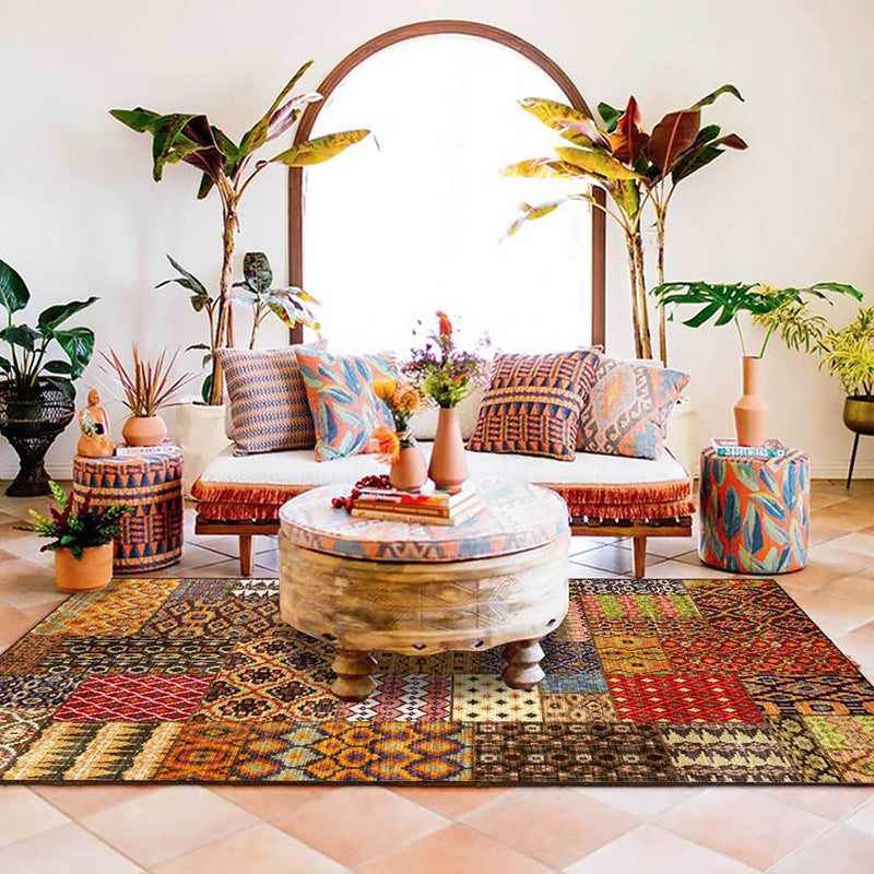 Retro ethnic pattern rug Brown polyester rug machine washable non-slip backing area rug for living room