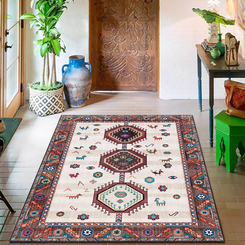 Classic Tribal Pattern Rug Brown and Beige Southwestern Rug Polyester Machine Washable Non-Slip Back Rug for Bedroom