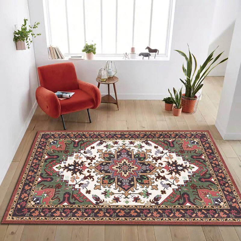 Oriental Moroccan Carpet in Red and Green Medallion Flower Petal Pattern Carpet Polyester Non-slip Doormat for Home Decor