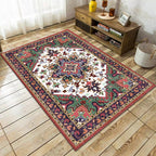 Oriental Moroccan Carpet in Red and Green Medallion Flower Petal Pattern Carpet Polyester Non-slip Doormat for Home Decor