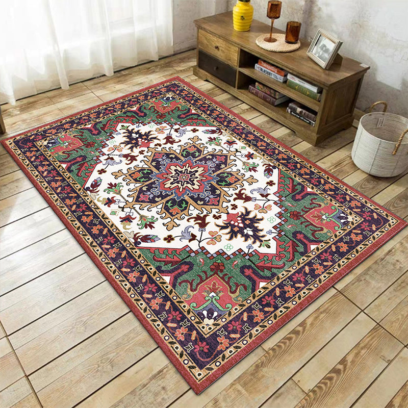Oriental Moroccan Carpet in Red and Green Medallion Flower Petal Pattern Carpet Polyester Non-slip Doormat for Home Decor