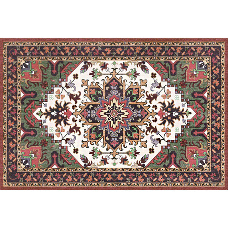 Oriental Moroccan Carpet in Red and Green Medallion Flower Petal Pattern Carpet Polyester Non-slip Doormat for Home Decor
