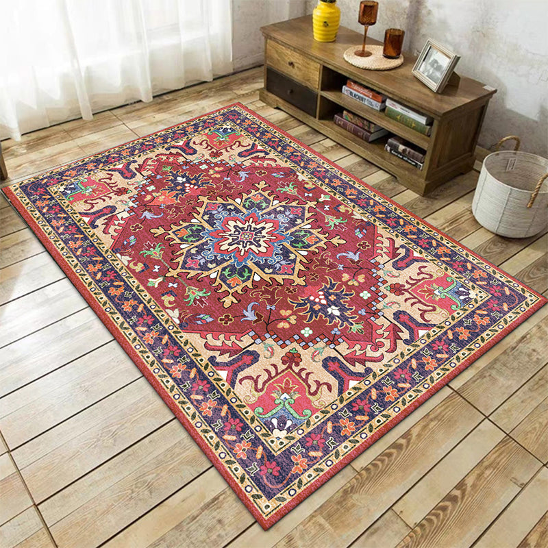 Oriental Moroccan Carpet in Red and Green Medallion Flower Petal Pattern Carpet Polyester Non-slip Doormat for Home Decor