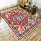 Oriental Moroccan Carpet in Red and Green Medallion Flower Petal Pattern Carpet Polyester Non-slip Doormat for Home Decor