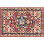 Oriental Moroccan Carpet in Red and Green Medallion Flower Petal Pattern Carpet Polyester Non-slip Doormat for Home Decor