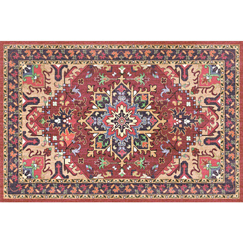 Oriental Moroccan Carpet in Red and Green Medallion Flower Petal Pattern Carpet Polyester Non-slip Doormat for Home Decor