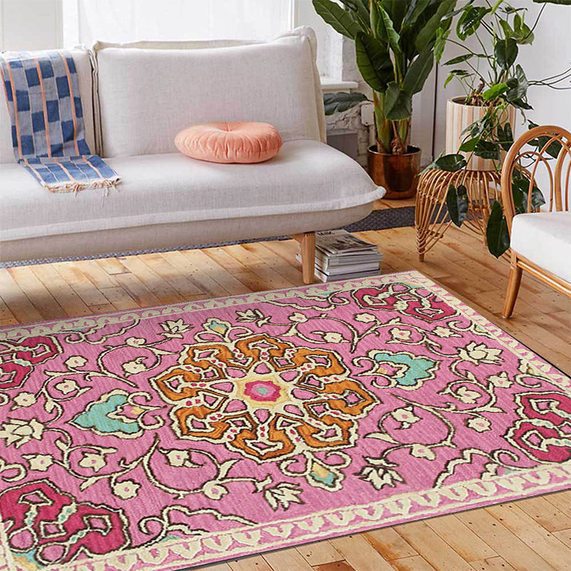 Moroccan living room rug in pink medallion floral pattern rug polyester machine washable non-slip rug