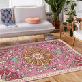 Moroccan living room rug in pink medallion floral pattern rug polyester machine washable non-slip area rug