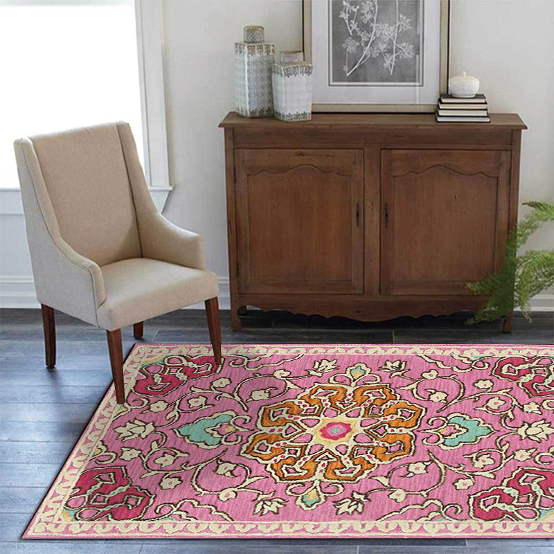 Moroccan living room rug in pink medallion floral pattern rug polyester machine washable non-slip rug