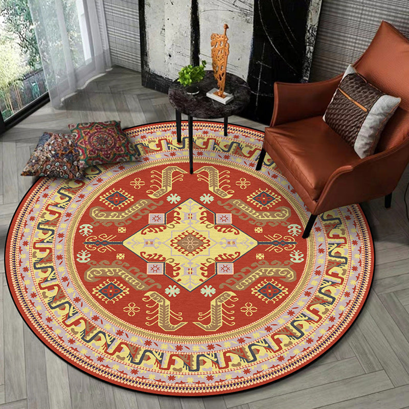 Red Moroccan Carpet Polyester Medallion Print Carpet washable non-slip backing Carpet for Living Room