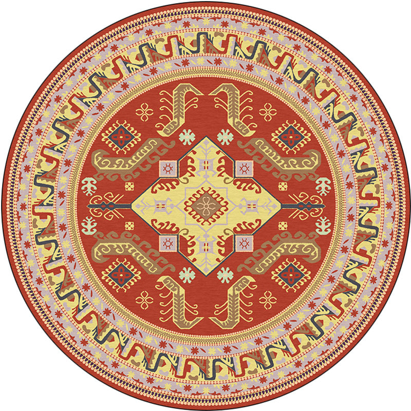 Red Moroccan Carpet Polyester Medallion Print Carpet washable non-slip backing Carpet for Living Room