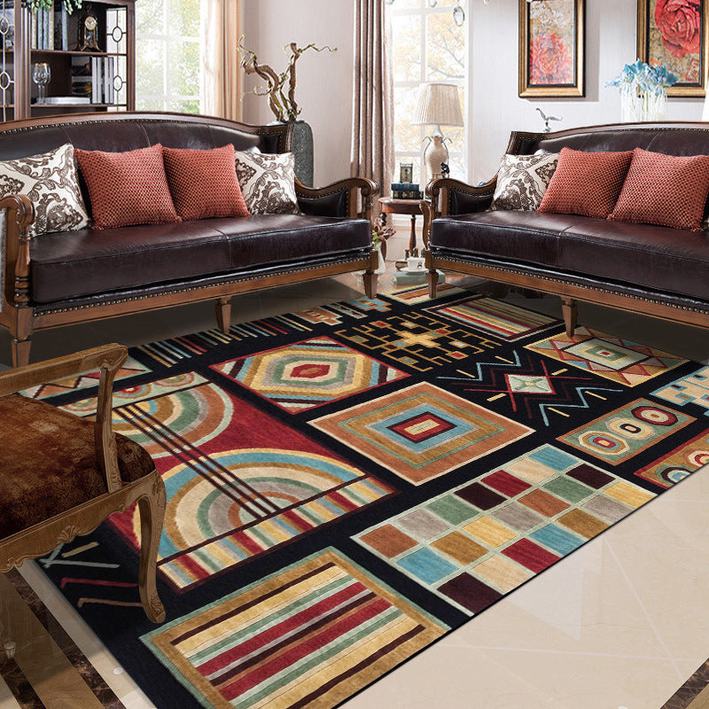 Black Multicolored Southwest Rug Polyester Checkered Pattern Rug Washable Non-Slip Back Rug for the Living Room