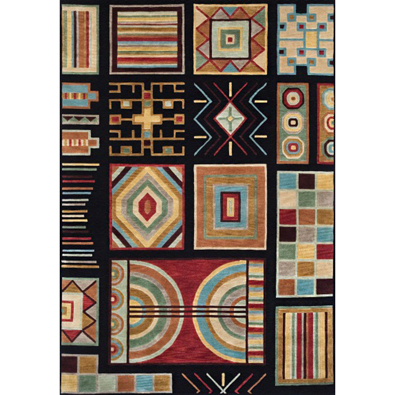 Black Multicolored Southwest Rug Polyester Checkered Pattern Rug Washable Non-Slip Back Rug for the Living Room