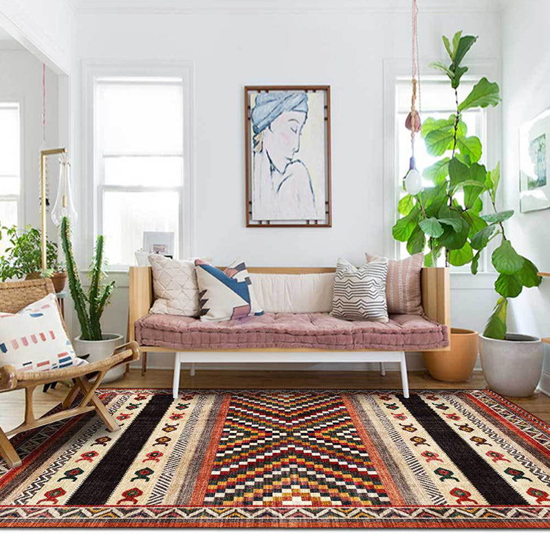 Vintage Tribal Print Rug Red Americana Rug Polyester Machine Washable Non-Slip Back Rug for Bedroom