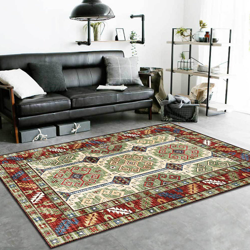 Unique Tribal Pattern Rug Green and Red Southwest Rug Polyester Machine Washable Non-Slip Back Rug for Bedroom