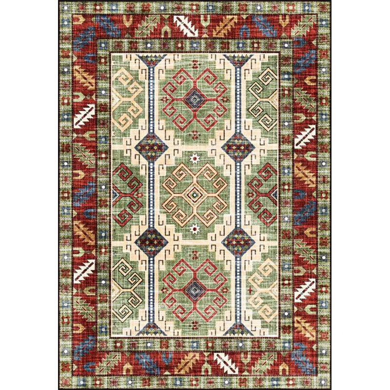 Unique Tribal Pattern Rug Green and Red Southwest Rug Polyester Machine Washable Non-Slip Back Rug for Bedroom