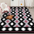 Southwestern Living Room Rug in Black Geometric Print Rug Polyester Stain Resistant Washable Area Rug