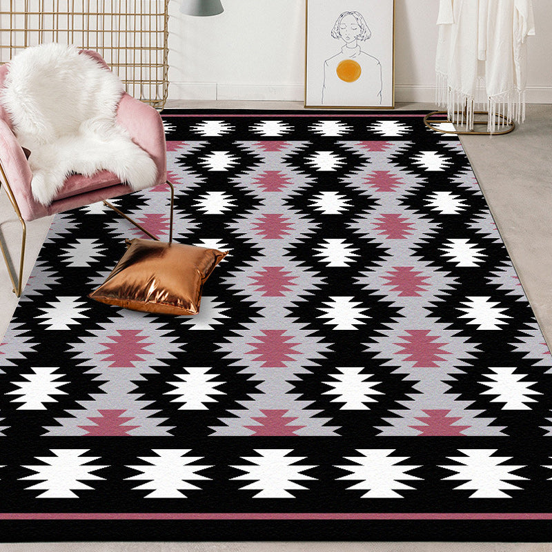 Southwestern Living Room Rug in Black Geometric Print Rug Polyester Stain Resistant Washable Area Rug